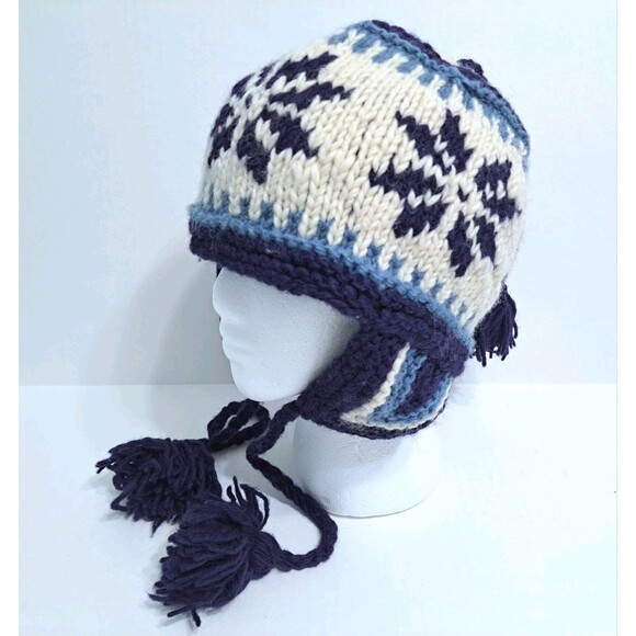 Nepal Wool Ear Flap Ski Fleece Lined Snowflake Peruvian Icelandic Floral Hat - Picture 3 of 6